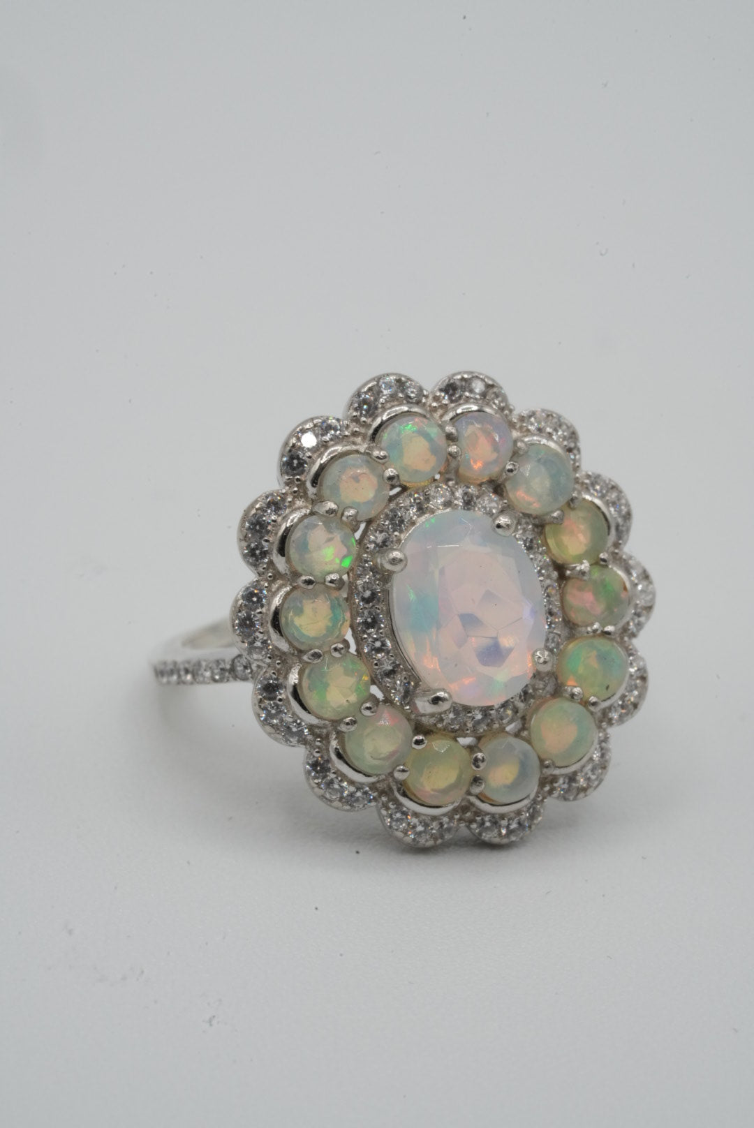 Opal & White Topaz Silver Ring