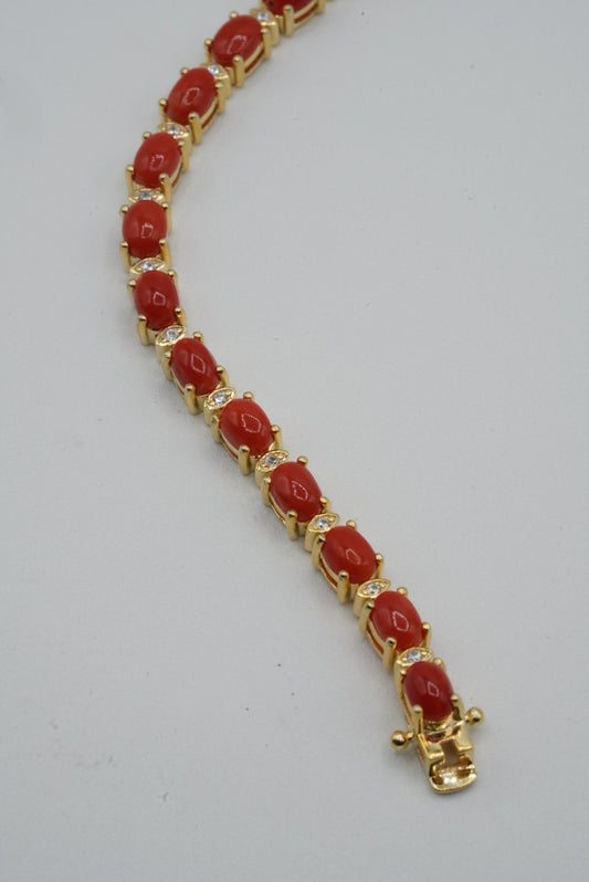 Red Coral & White Topaz Silver Tennis Bracelet