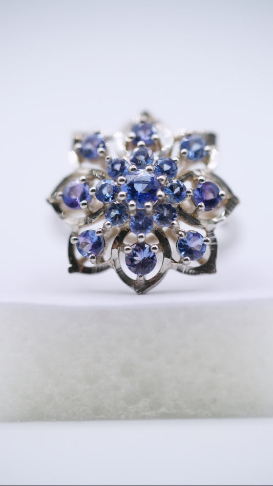 Blue Tanzanite Flower Silver Ring