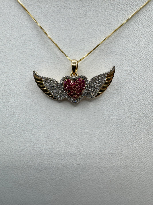 10k .16ct Ruby Heart Wings .25ct Nat Diamond Pendant w/ Chain