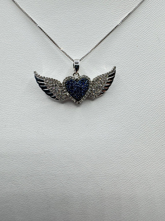 10k .16ct Sapphire Heart Wings .25ct Nat Diamond Pendant w/ Chain