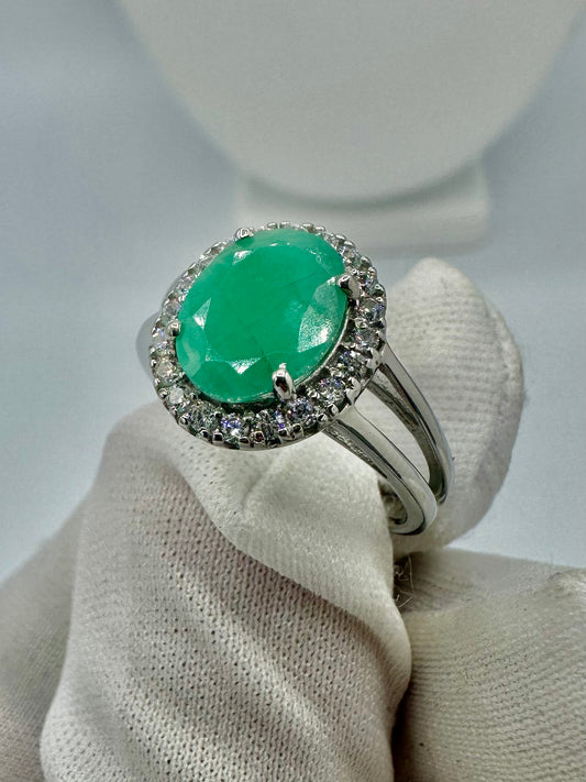 Emerald Silver ring w/ White Topaz