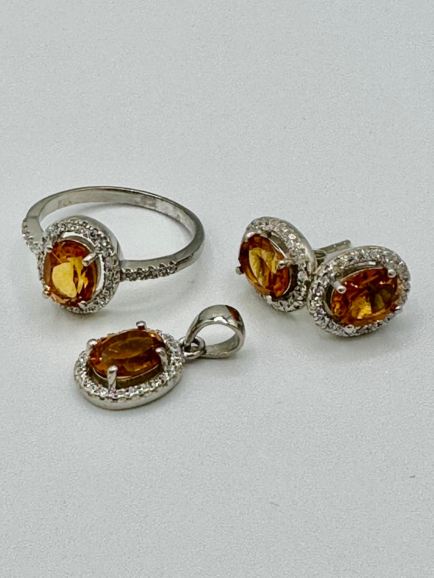 Citrine and White Topaz Silver Ring Earring Pendant Set from Mumbai